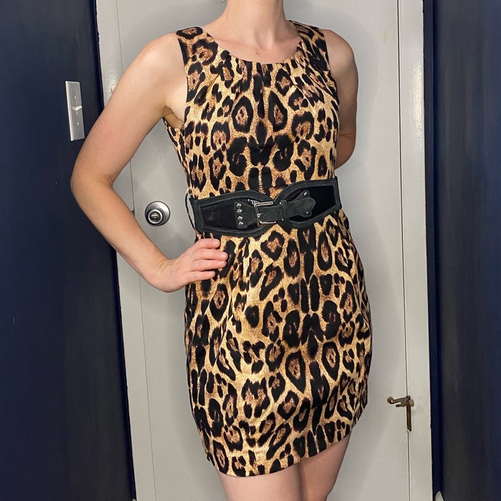 Belted Leopard Print Sheath Dress